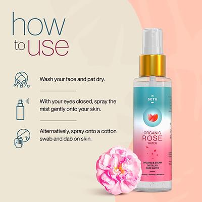Setu Organic Rose Water/Gulab Jal Spray - Premium Face Mist, Toner for Brighter and Hydrated Skin 100 ml - Toners