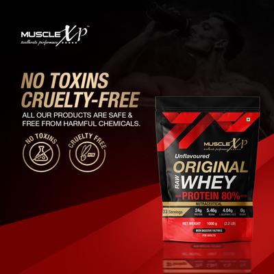 MuscleXP Raw Whey Protein Concentrate 80% Powder - Unflavored 1 kg - Whey Proteins