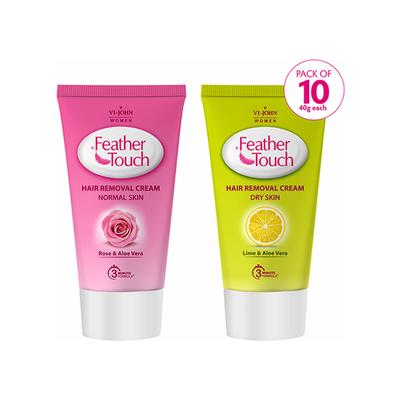 Vi-John Women Feather Touch Aloevera & Cucumber Hair Removal Cream - Pack of 5 x 40 gm + Feather Touch Rose & Aloevera Hair Removal Cream - Pack of 5 x 40 gm - Lotions & Creams