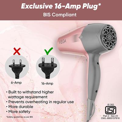 VEGA Go-Pro 2100 Hair Dryer With Cool Shot Button & 3 Heat Settings (Ananya Panday Signature Collection) VHDH-25 Rose Gold & Grey 1 gm - Hair Dryers