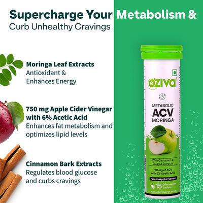 Oziva Apple Cider Vinegar Moringa Weight Loss, 3-In-1 Fat Oxidation Formula, No Sugar 15's - Apple Cider Vinegar - Acv
