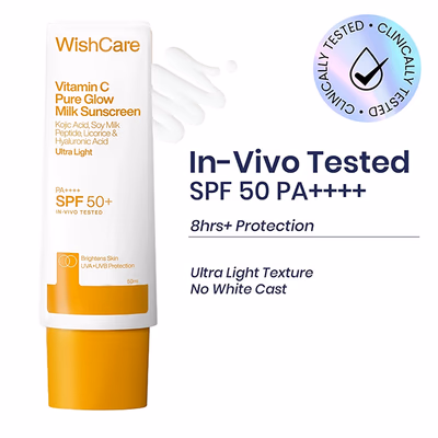 WishCare Vitamin C Pure Glow Brightening Sunscreen for Dry Skin - SPF50 PA++++In-Vivo Tested (50ml) - Face Sunscreen
