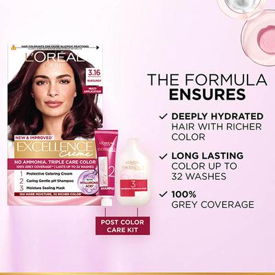 L'Oreal Paris Excellence Creme 3.16 Burgundy with French Rose Oil Triple Care Color (100 gm+72 ml) 1's - Crème