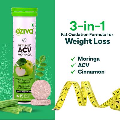 Oziva Apple Cider Vinegar Moringa Weight Loss, 3-In-1 Fat Oxidation Formula, No Sugar 15's - Apple Cider Vinegar - Acv