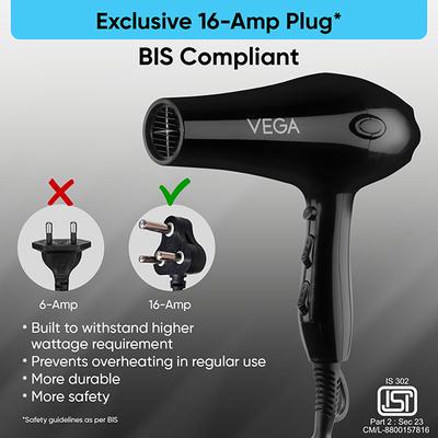 Vega Professional Hair Dryer for Men and Women Pro Touch 1800-2000 Watts with 2 Detachable Nozzles, (VHDP-02) 894 gm - Hair Dryers