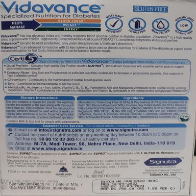 Vidavance Zero Sucrose Specialized Nutrition Supplement Powder for Diabetes Refill - Vanilla Flavour 400 g - Diabetes (Fitness)
