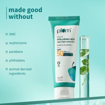 Plum Cica and Hyaluronic Acid Aqua-Light Sunscreen SPF 50 No White Cast, Non-Sticky all Skin Type 50 gm - Body Sunscreen