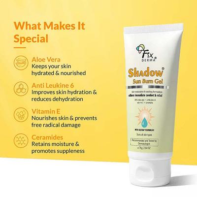 Fixderma Shadow Sun Burn Gel with 20% Aloe Vera Gel & Vitamin E Sunburn Cream for Face 75 gm - Face Packs