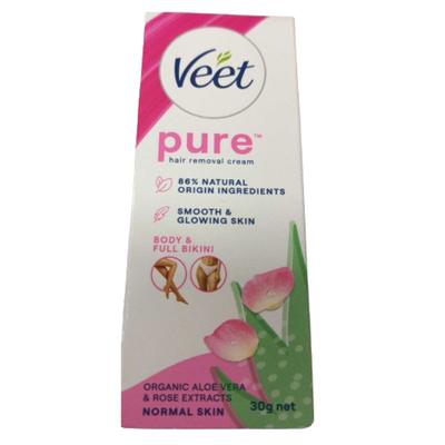 Veet Pure Normal Skin Body & Full Bikini Hair Removal Cream - Organic Aloe Vera & Rose Extracts 30 g - Hair Removal Accessories