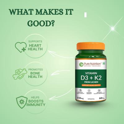 Pure Nutrition Vitamin D3 + K2 FROM LICHEN 350 mg Veg Tablet 60's - Multi-Vitamins