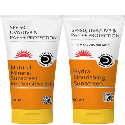Dermistry Natural Mineral Sunscreen SPF 50 UVA UVB PA+++ Protection - Sensitive Skin 50 ml + 1% Hyaluronic Acid Hydra Nourishing Sunscreen SPF 50 UVA UVB PA+++ Protection 50 ml - Face Sunscreen