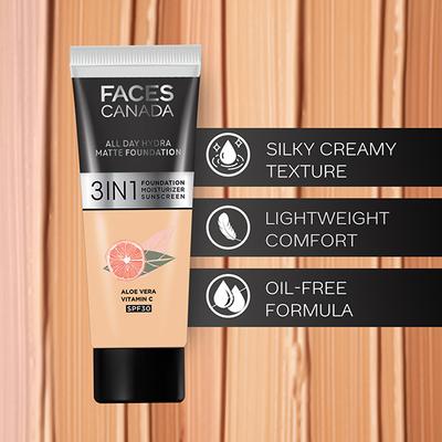 FACES CANADA 3in1 All Day Hydra Matte Foundation + Moisturizer + SPF 30 Honey Beige 031 15 ml - Foundation