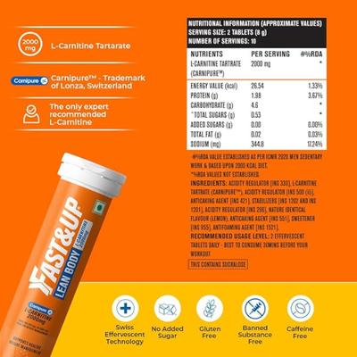 Fast&Up Lean Body L-Carnitine Tartrate 2000 mg Effervescent Tablet - Lemon Flavour 20's - Weight Loss