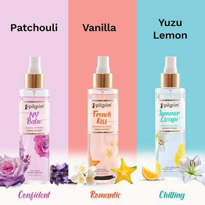 Pilgrim French Kiss, Ny Babe and Summer Escape Body Mist Spray Long Lasting Fragrance 3's - Body Mist/Spray