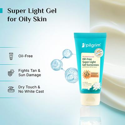 Pilgrim 5% Niacinamide Oil-Free Super Light Gel Sunscreen SPF 50+ PA++++ with Korean White Lotus 45 ml - Face Sunscreen