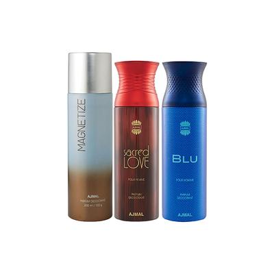 Ajmal 1 Magnetize, 1 Sacred Love And 1 Blu Homme Deodorants Pack of 3 200 ml - Deodorants/Roll-Ons