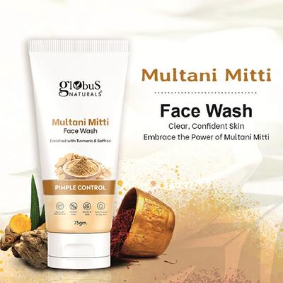 Globus Naturals Multani Mitti Face Wash, Enriched with Turmeric and Saffron, for Pimple Control, Suitable for Oily and Acne Prone Skin, 75gm - Face Wash & Cleansers