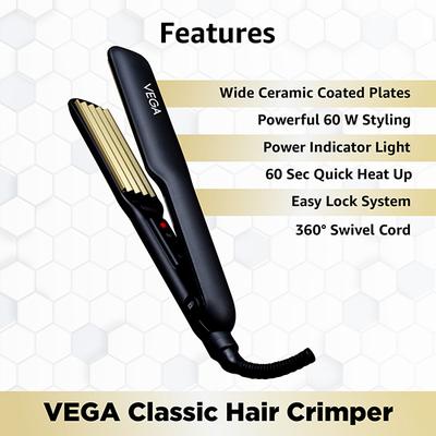 Vega Classic Hair Crimper With Ceramic Coated Plates (VHCR-01) Black 1s - Multi-Stylers