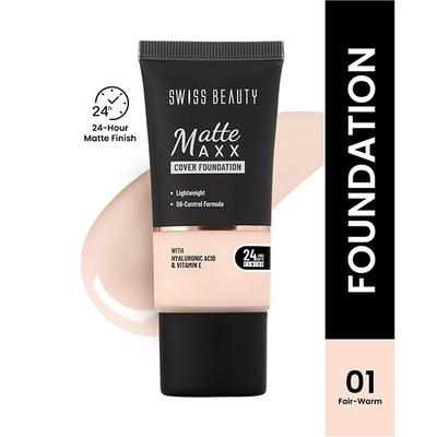 Swiss Beauty Matte Maxx Cover Foundation, 24- Hour Stay, with Hyaluronic Acid & Vitamin E, Oil-Control Formula 1 - Fair Warm 30 gm - Foundation