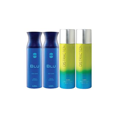 Ajmal 2 Blu Homme And 2 Distraction Deodorants Pack of 4 200 ml - Deodorants/Roll-Ons