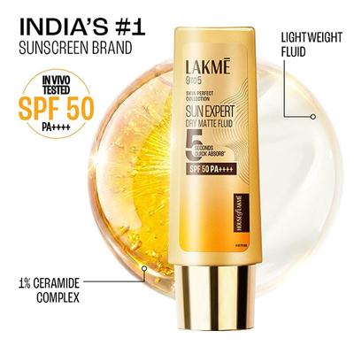 Lakme Sun Expert Dry Matte Fluid SPF 50++++ Sunscreen with 1% niac & ceramide, for oily skin 50 ml - Body Sunscreen