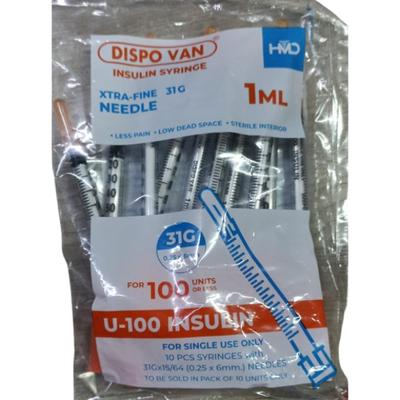 Dispovan U-100 Xtra Fine 31G Insulin Syringe 1 ml 10's - Surgical Instruments