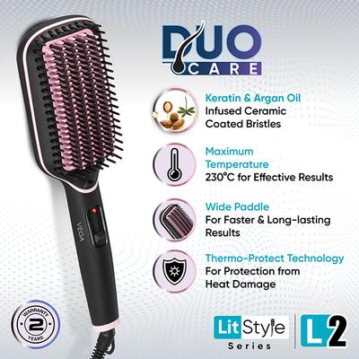 Vega Litstyle L2 Straightener Brush for Women with Smart Memory Function, Quick Heat-Up (VHSB-07) 513 gm - Straighteners