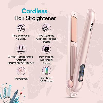 Vega Go Mini Cordless Hair Straightener for Women with Power Bank for Mobile and Travel Friendly 280 gm - Straighteners