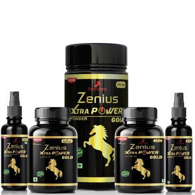 Zenius Xtra Power Gold Powder 100 gm + Xtra Power Gold Intimate Gel 50 ml + Xtra Power Gold Capsule (Night) 30's + Xtra Power Gold Capsule (Morning) 30's + Xtra Power Gold Booster Oil 50 ml 1's - Other Supplements