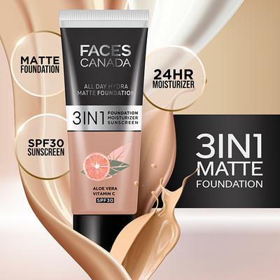 FACES CANADA 3in1 All Day Hydra Matte Foundation + Moisturizer + SPF 30 Honey Beige 031 15 ml - Foundation