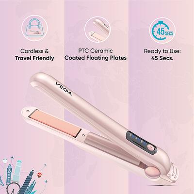 Vega Go Mini Cordless Hair Straightener for Women with Power Bank for Mobile and Travel Friendly 280 gm - Straighteners