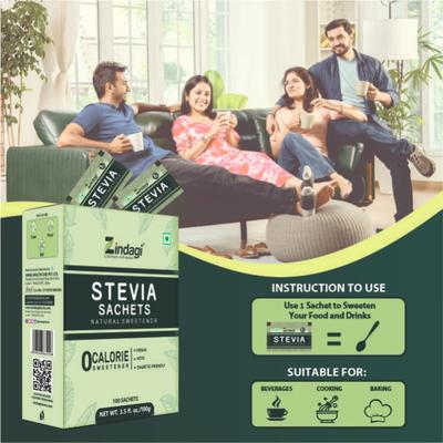 Zindagi Stevia Natural Sweetener Sachets (Pack of 1 gm x 100's) - Sugar Substitute