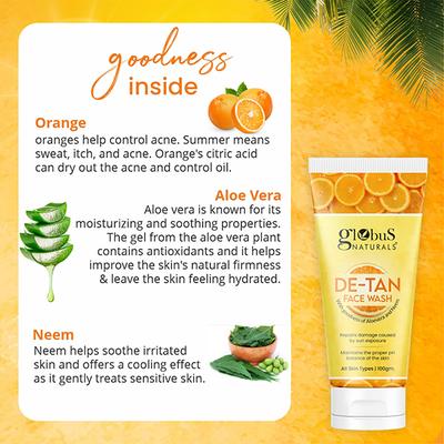 Globus Naturals De Tan Face Wash, Enriched with Neem & Aloe Vera, Tan Removal, Anti Pollution 100 gm - Face Wash & Cleansers