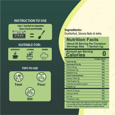 Zindagi Stevia Natural Sweetener Sachets (Pack of 1 gm x 100's) - Sugar Substitute