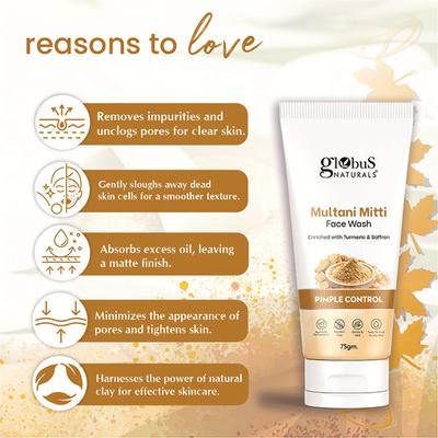 Globus Naturals Multani Mitti Face Wash, Enriched with Turmeric and Saffron, for Pimple Control, Suitable for Oily and Acne Prone Skin, 75gm - Face Wash & Cleansers