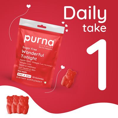 Purna Gummies Sugar Free Apple Cider Vinegar for Adults and Kids Better Digestion and Clear Skin 30's - Apple Cider Vinegar - Acv