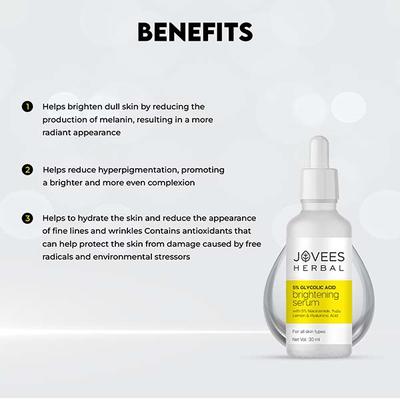 Jovees Herbal 5% Glycolic Acid Brightening Skin Serum with 5% Niacinamide Yuzu Lemon and Hyaluronic Acid 30 ml - Face Gels
