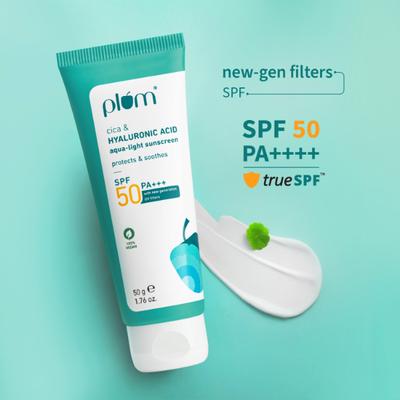 Plum Cica and Hyaluronic Acid Aqua-Light Sunscreen SPF 50 No White Cast, Non-Sticky all Skin Type 50 gm - Body Sunscreen