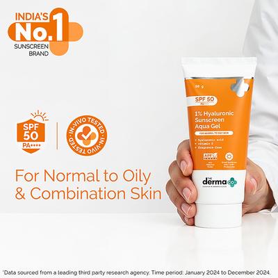 The Derma Co. 1% Hyaluronic Sunscreen SPF 50 Aqua Gel, Pa++++,For Broad Spectrum & Blue Light Protection 80 gm - Face Sunscreen
