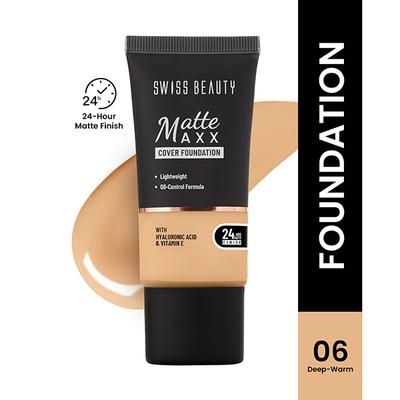 Swiss Beauty Matte Maxx Cover Foundation, 24- Hour Stay, with Hyaluronic Acid & Vitamin E, Oil-Control Formula 6 - Deep Warm 30 gm - Foundation