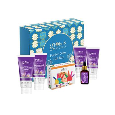 Globus Naturals Pre and Post Holi Ritual Herbal Kumkumadi Skin Care Gift Box, for All Skin Types - Both Men and Women, Face Wash 100gm, Face Scrub 100gm, Face Cream 100gm and Face Pack 100gm 1's - Makeup Kits & Sets