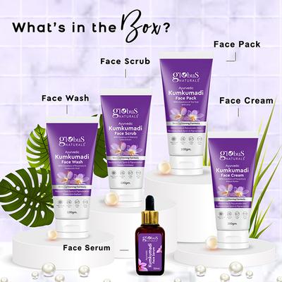 Globus Naturals Pre and Post Holi Ritual Herbal Kumkumadi Skin Care Gift Box, for All Skin Types - Both Men and Women, Face Wash 100gm, Face Scrub 100gm, Face Cream 100gm and Face Pack 100gm 1's - Makeup Kits & Sets