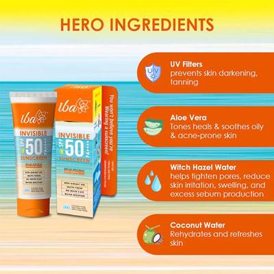 Iba Invisible SPF 50 Sunscreen Pa++++ All Skin Types Oil Free Matte Finish Paraben Free White 100 gm - Body Sunscreen