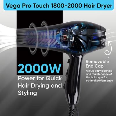 Vega Professional Hair Dryer for Men and Women Pro Touch 1800-2000 Watts with 2 Detachable Nozzles, (VHDP-02) 894 gm - Hair Dryers