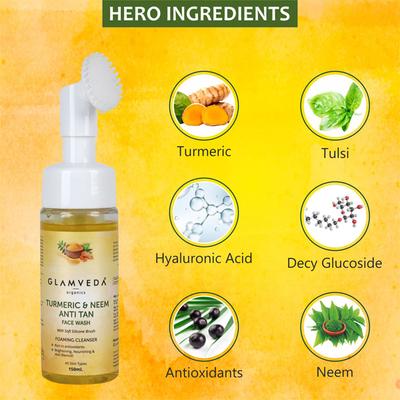 Glamveda Ayurvedic Turmeric and Neem Anti Tan Face Wash With Soft Silicone Brush 150 ml - Face Washes
