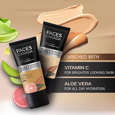 Faces Canada All Day Hydra Matte Foundation 3-In-1 Foundation + Moisturizer + SPF 30 24 Hr Aloe Hydration & Vitamin C 10Hr Long Wear Absolute Ivory 012 25ml - Foundation