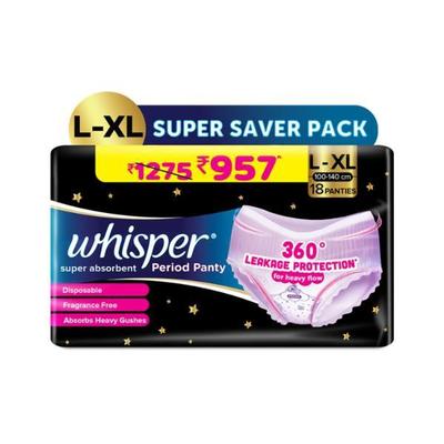 Whisper Super Absorbent Period Panty (L-XL)(100-140 cm) 18's - Panty Liners