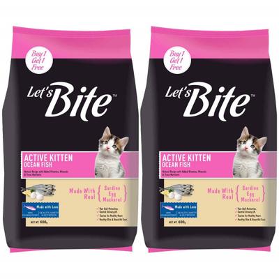 Let's Bite Active Kitten Cat Food Ocean Fish 400 gm (Buy 1 Get 1 Free) 800 gm - Petfood