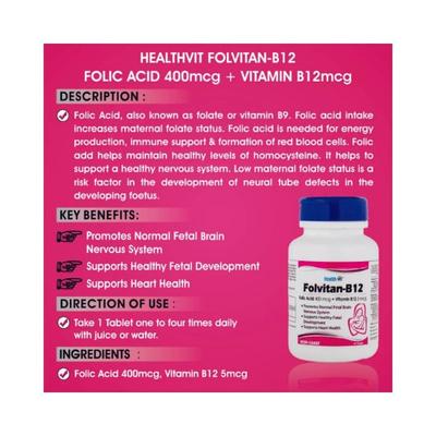 Healthvit Folvitan-B12 Folic Acid 400 mcg Vitamin B12 5 mcg-Tablets 60's - Multi-Vitamins