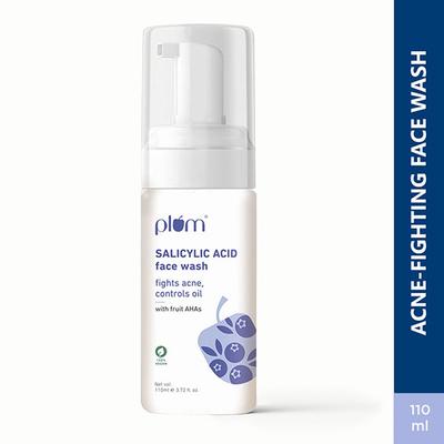 Plum 1% Salicylic Acid AHA Foaming Face Wash - Fights Active Acne & Oil For Smooth Skin 110 ml - Face Washes